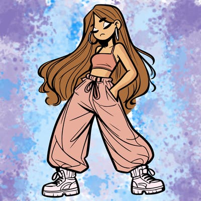 girl in baggy pants crop top and long hair