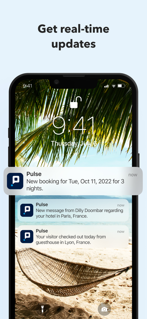 Pulse for Booking.com Partners - Pulse app notifications showing real time booking updates and guest messages on a smartphone lock screen