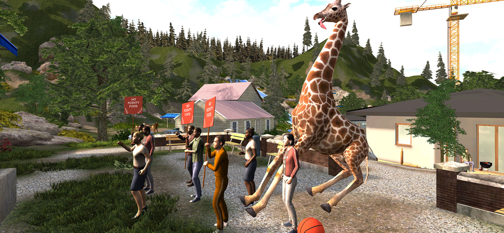 Goat Simulator: Pocket Edition - A tall giraffe goat mutation stands next to NPCs holding No Pointy Food protest signs in Goat Simulator Pocket Edition
