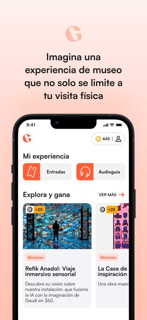 Interfaccia dell'app Gaudi che mostra biglietti del museo, accesso alla guida audio e ricompense interattive per i visitatori di Casa Batllo.