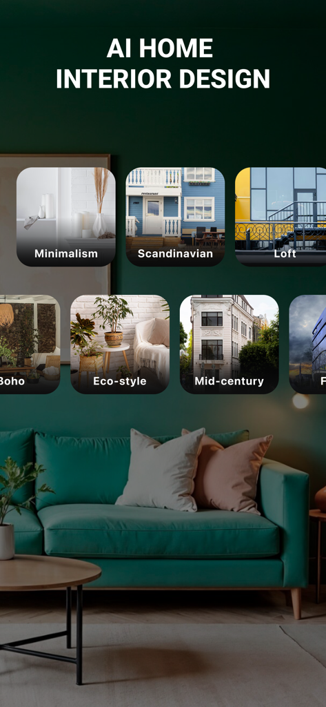 AI Interior: Home Space Design - Eine Auswahl an KI-generierten Innendesign-Stilen wie Minimalismus, Skandinavisch und Mid-century auf einer mobilen App-Oberfläche.