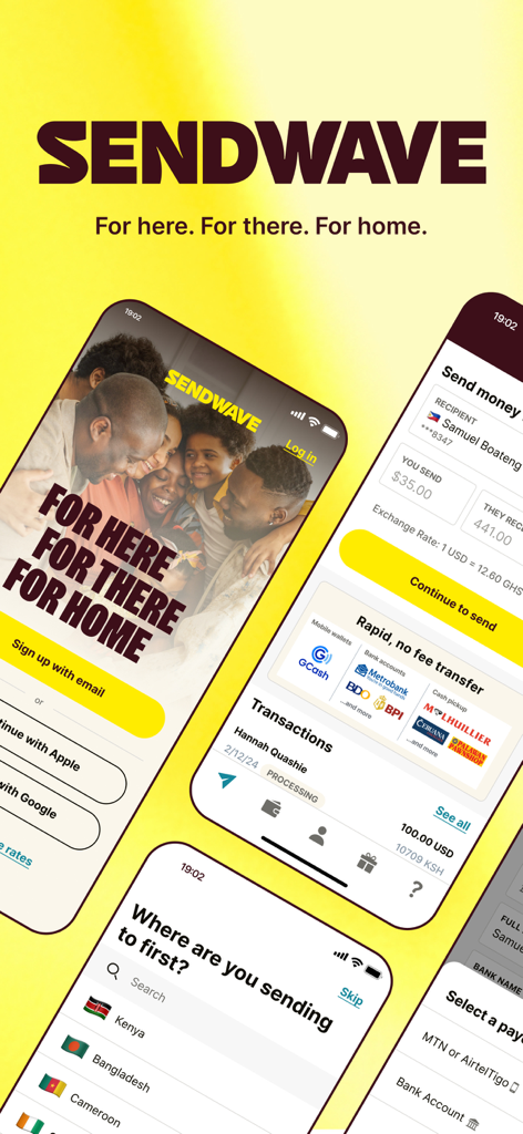 Schermate dell'app mobile Sendwave che mostrano le funzionalità di trasferimento di denaro internazionale per le famiglie all'estero.