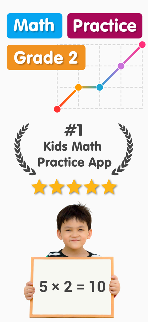 Math practice app for second grade featuring a student holding a math board and a five star rating
