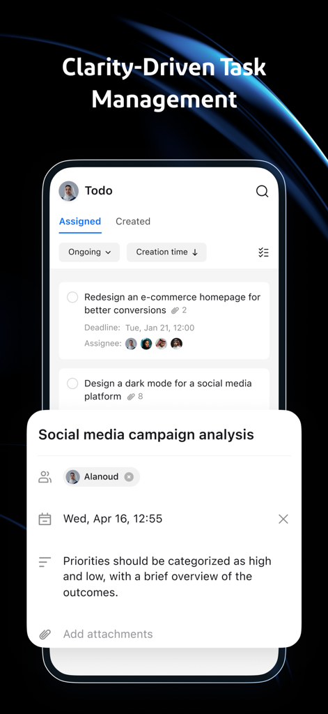 Beem: One Platform for Work - Ecrã da aplicação móvel Beem mostrando uma interface de gestão de tarefas com uma lista de tarefas e vista detalhada da tarefa