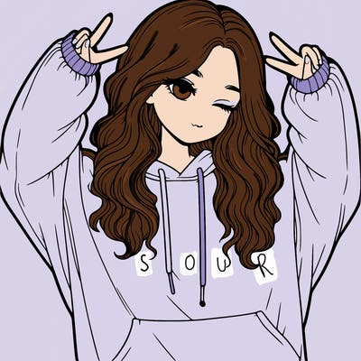 a realistic girl with wavy hair in an oversized sweatshirt doing the ✌️