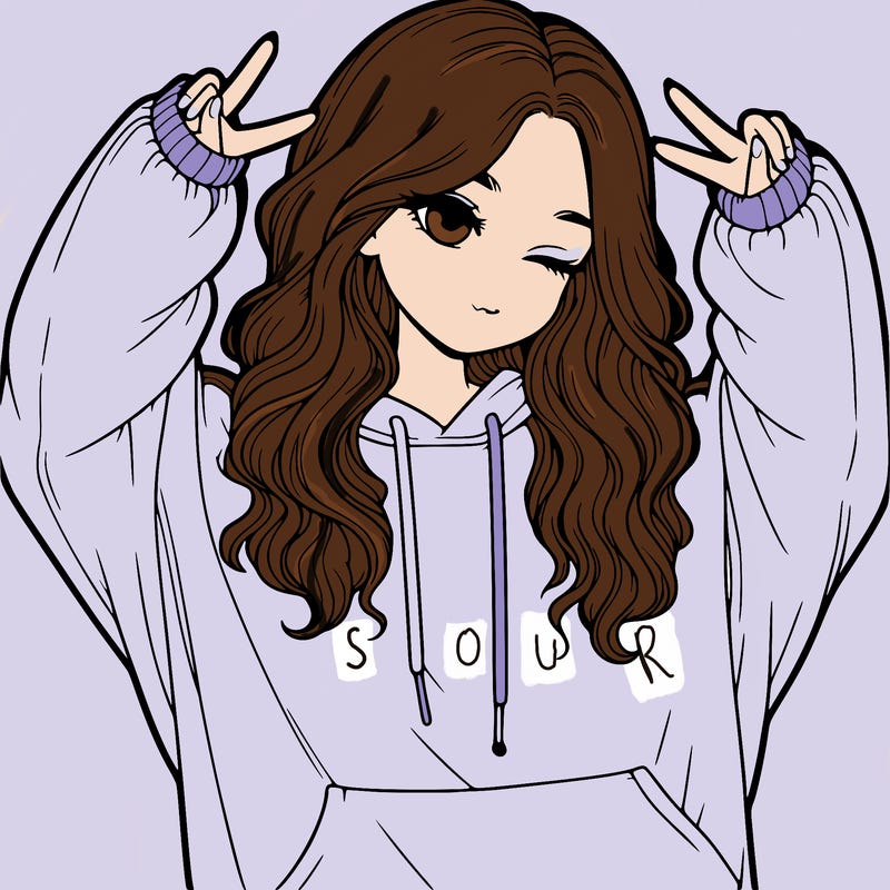 a realistic girl with wavy hair in an oversized sweatshirt doing the ✌️