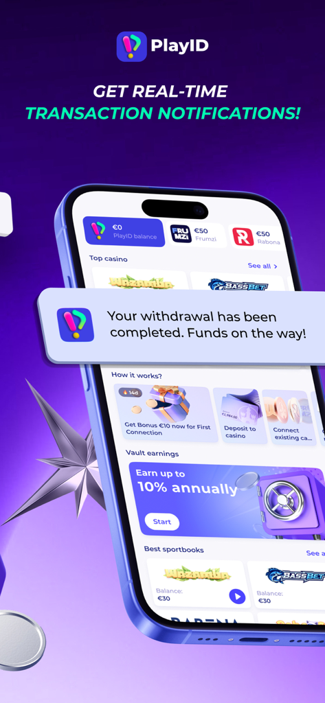 PlayID app - Schermata dell'app PlayID che mostra una notifica di prelievo e l'interfaccia del portafoglio di gioco
