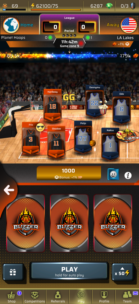 Buzzer Beater - PvP Basketball - Pantalla del juego móvil Buzzer Beater PvP Basketball mostrando camisetas de jugadores de equipo en una cancha