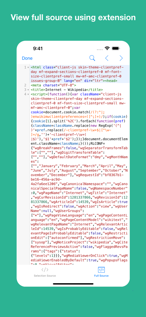 View Selection Source - Pantalla de iPhone mostrando la aplicación Ver Código Fuente Seleccionado mostrando el código fuente HTML completo de una página web