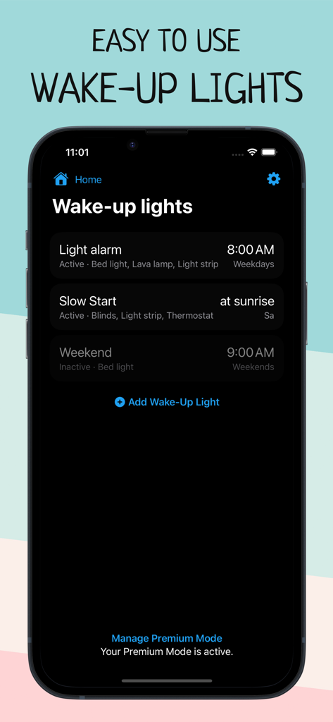 Wake Up Light – Sunrise Alarm - Un écran de smartphone affichant le menu d'accueil de l'application Réveil Lumineux avec les alarmes de lever de soleil programmées.