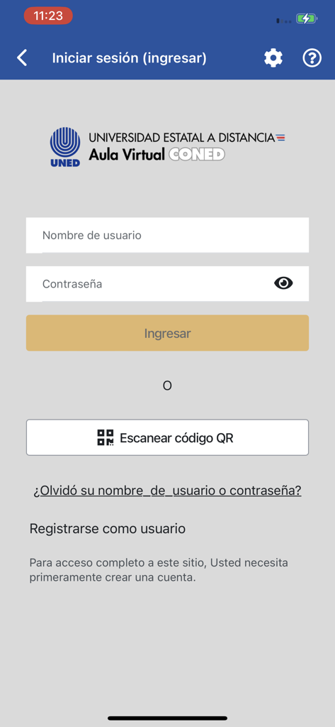 Interfaz de inicio de sesión de la app móvil Campus Virtual UNED con campos para usuario y contraseña