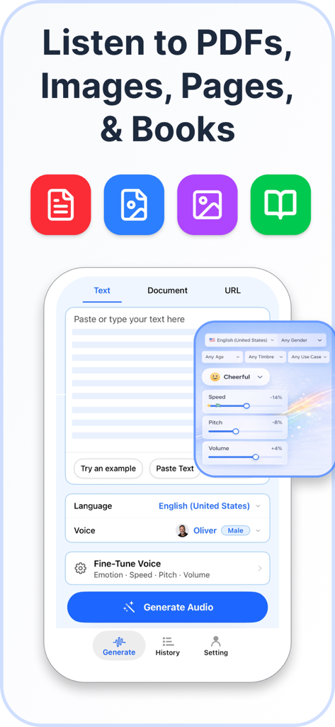 AI Voice TTS – Text to Speech - Die Benutzeroberfläche der AI Voice TTS App zeigt Optionen zum Hochladen von Dokumenten und Einstellungen zur Stimmcustomization zum Vorlesen.