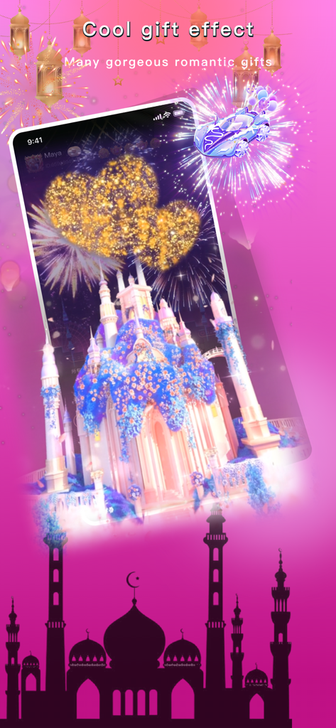 Heyo Chat-Party games - Un écran de smartphone montrant un magnifique effet de cadeau de château avec des feux d'artifice et des formes de cœur sur un fond rose.