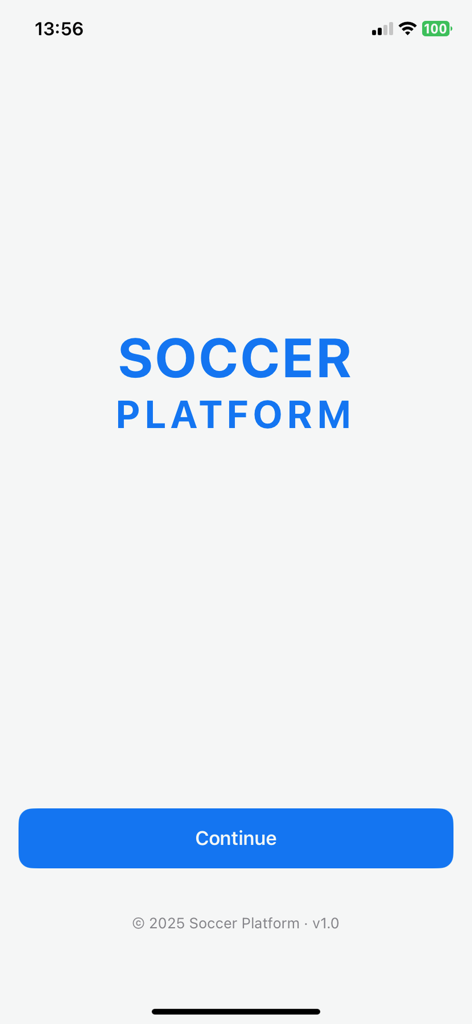Soccer Platform app splash screen with title and continue button