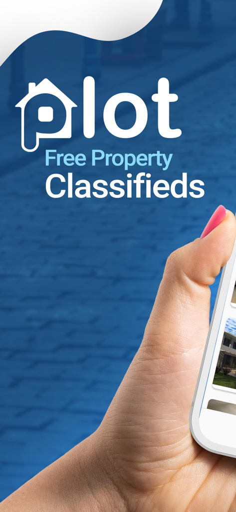 Pantalla de inicio de la aplicación inmobiliaria Plot.gr mostrando anuncios gratuitos de propiedades en Grecia con una mano sosteniendo un teléfono inteligente.