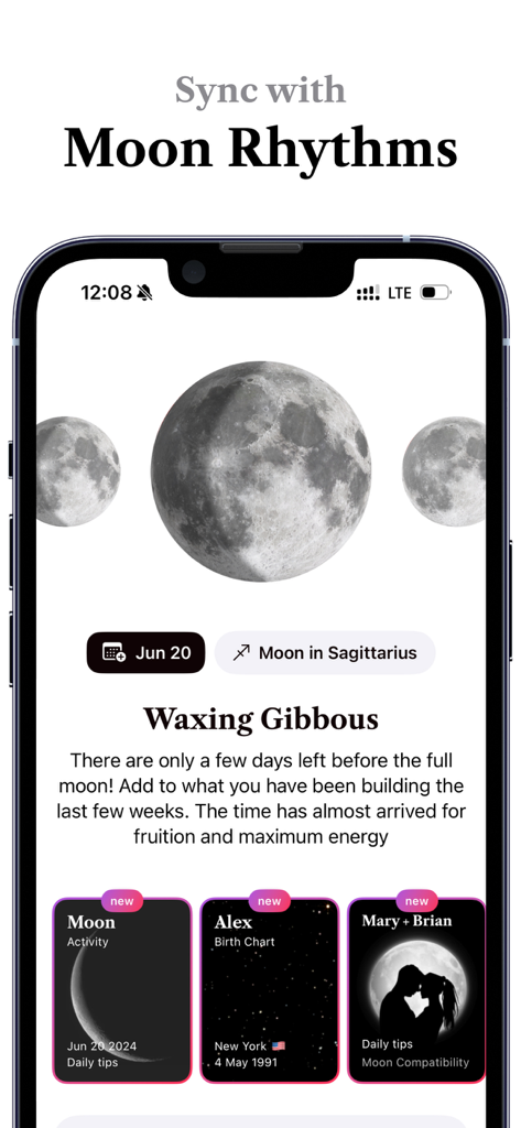 Luna: Your Moon Calendar - Smartphone-Bildschirm, der die Luna-Mondkalender-App mit Details zu Mondphasen und Geburtshoroskop-Funktionen anzeigt