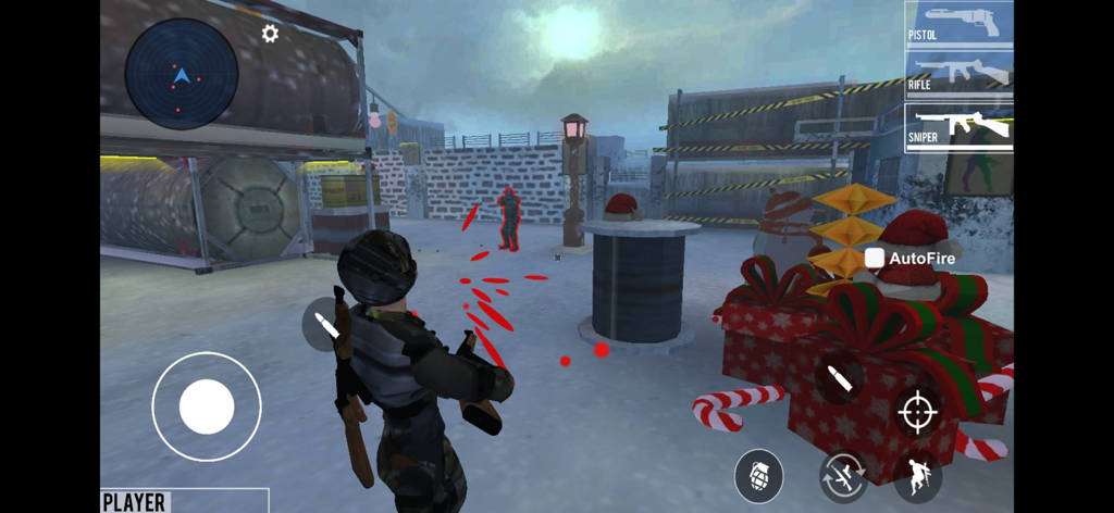 Cover Fire: Strike Force - Third person shooter gameplay in Cover Fire Strike Force showing a soldier aiming at an enemy in a snowy winter environment