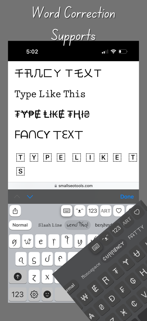 Fancy Keyboard - Cool Letters - Un écran mobile montrant l'interface de l'application Fancy Keyboard avec diverses polices de texte stylisées et un support de correction automatique.