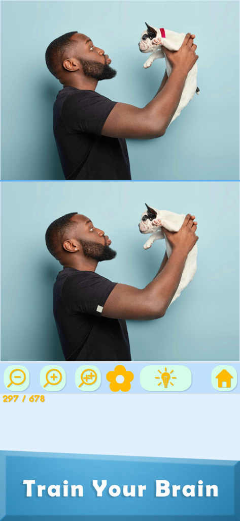Find Differences: Happy People - Mobile game interface showing a spot the difference puzzle with two photos of a man holding a small dog