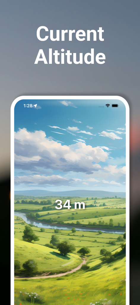 Application Altimètre Voyage affichant une altitude actuelle de 34 mètres au-dessus d'un paysage verdoyant illustré.