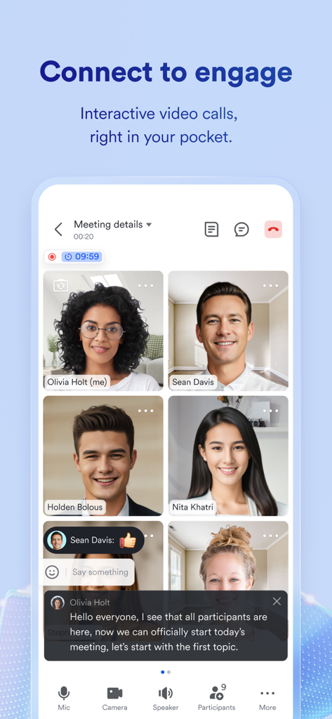 Lark mobile video meeting interface with team participants and live captions