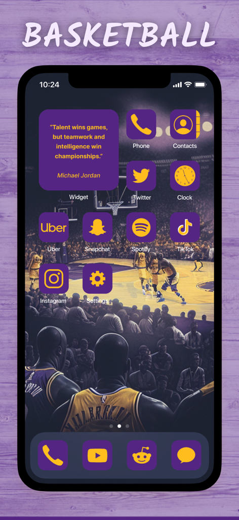 4k Wallpapers, Widgets: Plaw - iPhone home screen with a basketball theme featuring purple and gold icons and a sports wallpaper