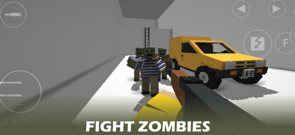 Erythros Lite - First person view of a player character fighting blocky zombies next to a yellow truck in Erythros Lite