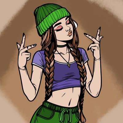 realistic teenage girl with braids and a beanie and crop top doing 🫶🏼
