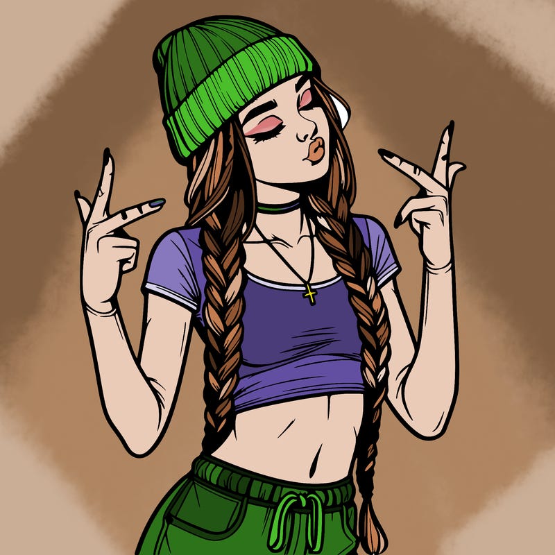 realistic teenage girl with braids and a beanie and crop top doing 🫶🏼