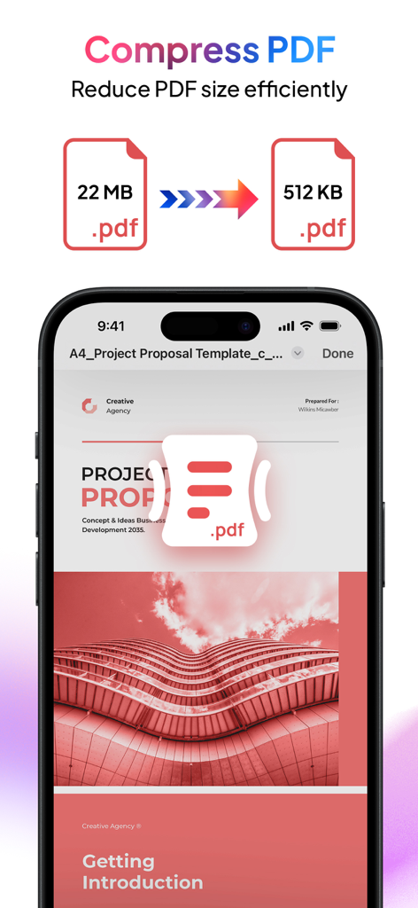 PDF Export - PDF Editor & Scan - An iPhone display showing the PDF Export app compressing a 22MB PDF file to 512KB.