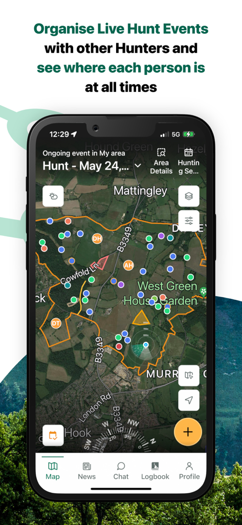 Live tracker map in the MyHunt app showing real-time hunter positions and property boundaries