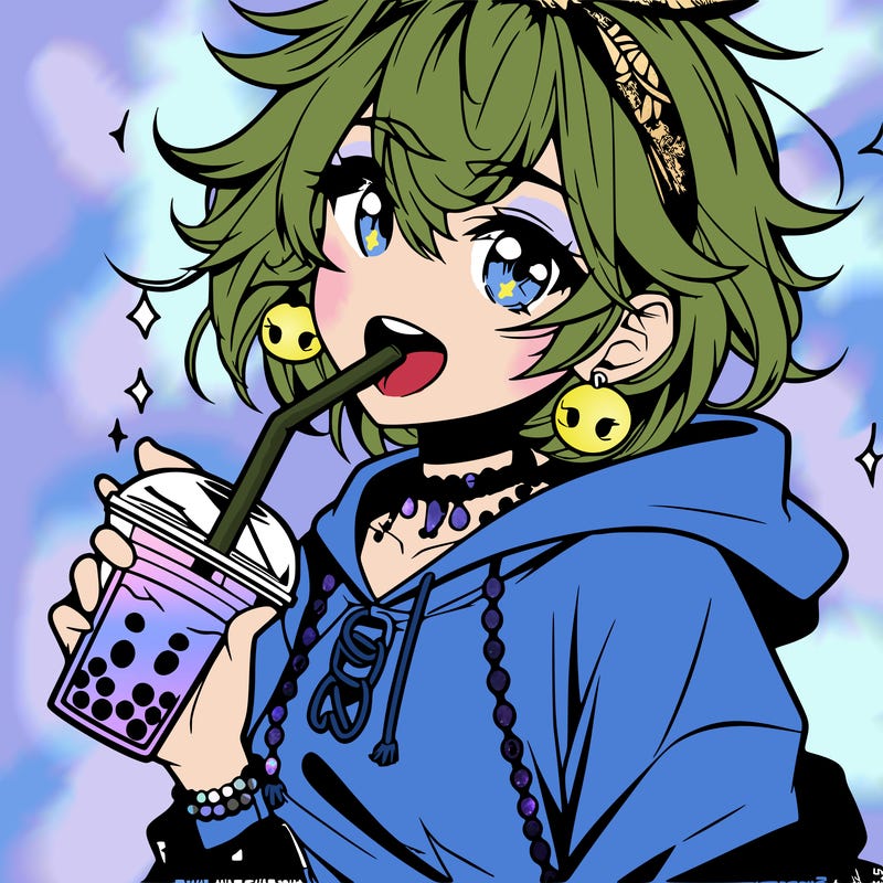hot baddie anime girl drinking boba and biting the straw
