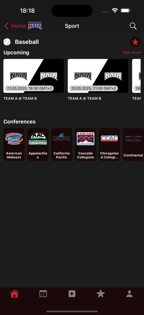 NAIA-Network - NAIA Network app screen showing upcoming baseball games and a list of collegiate conferences