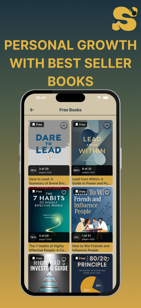English Book Read : Storifine - A mobile app interface displaying a collection of free best-selling personal growth books like The 7 Habits of Highly Effective People.