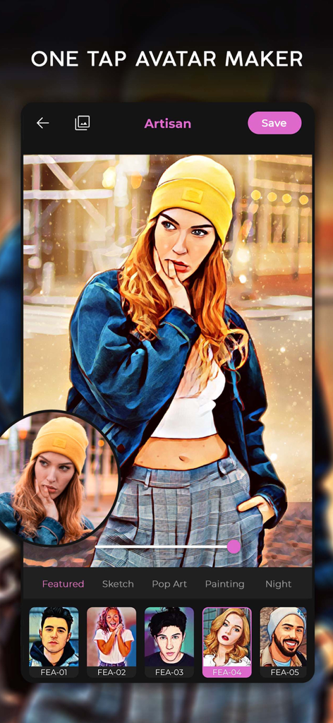 Una captura de pantalla de la aplicación Artisan que muestra la transformación de la foto de una mujer en un avatar de dibujo animado utilizando la interfaz de filtro de arte digital de un solo toque.