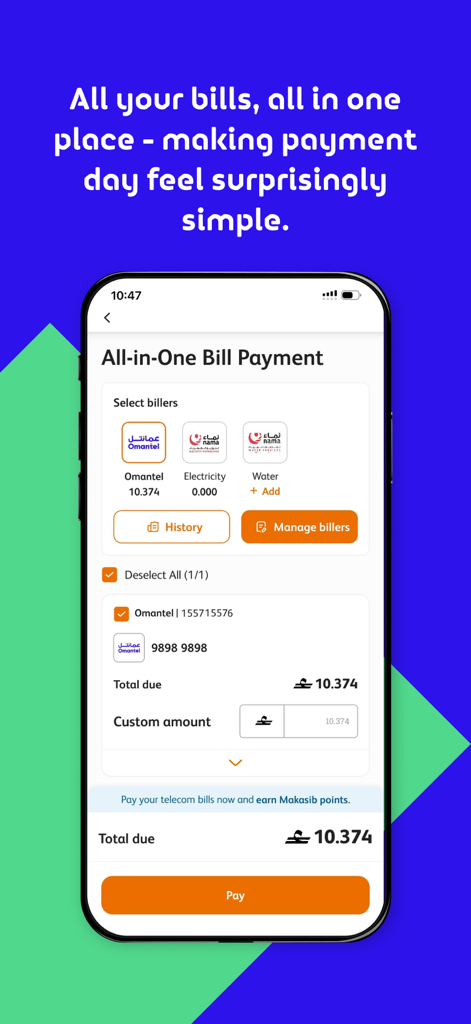 Omantel app interface for utility and telecom bill payments