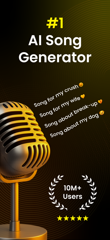 Intro screen for Jukebox AI Song Generator with a gold microphone and song prompts like song for my crush and song about my dog