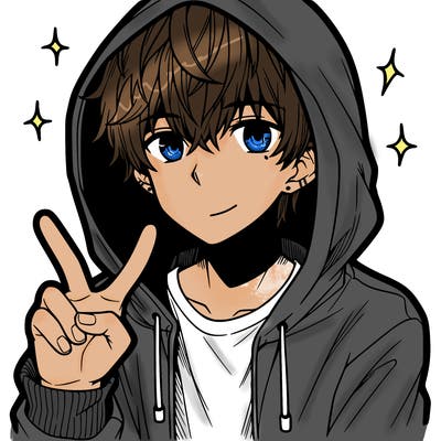 teenage manga boy in a hoodie, doing ✌