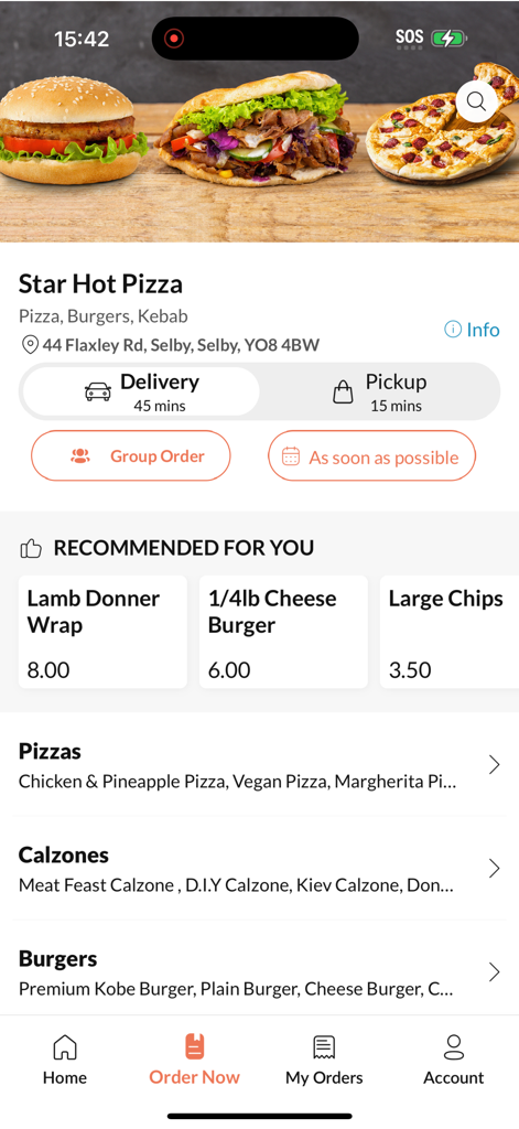 Star Hot Pizza - Star Hot Pizza mobile app interface showing menu categories and delivery options