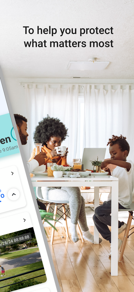 First Alert by Resideo - A family eating breakfast together in a bright dining room with a smart home app interface visible in the foreground.