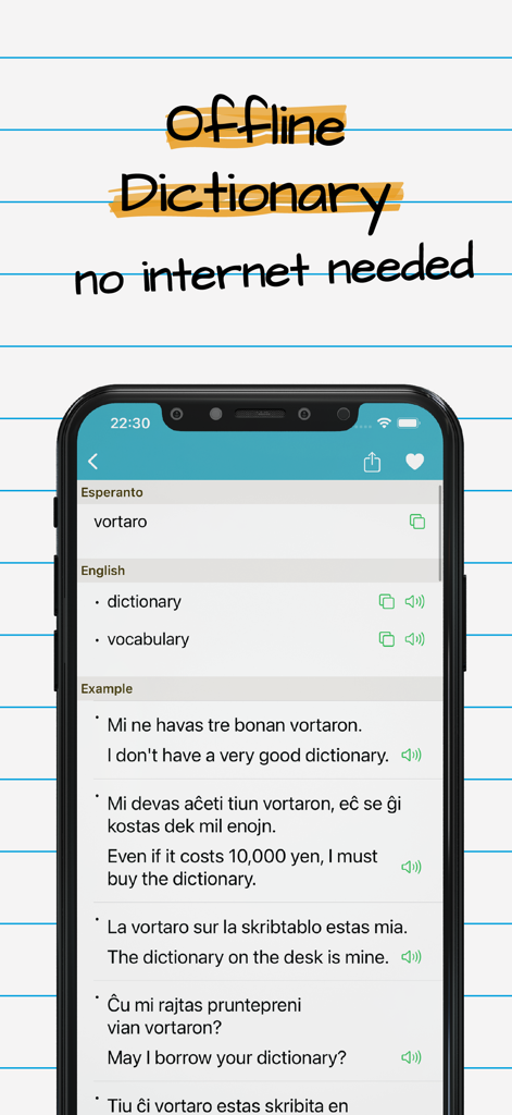 Esperanto English Dictionary - Esperanto English Dictionary app interface showing word translations and example sentences in offline mode