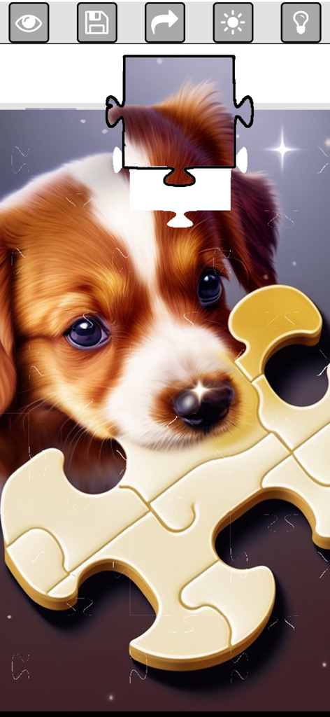 パズルラッシュアプリで解かれている、かわいい子犬が登場するジグソーパズルの画像。