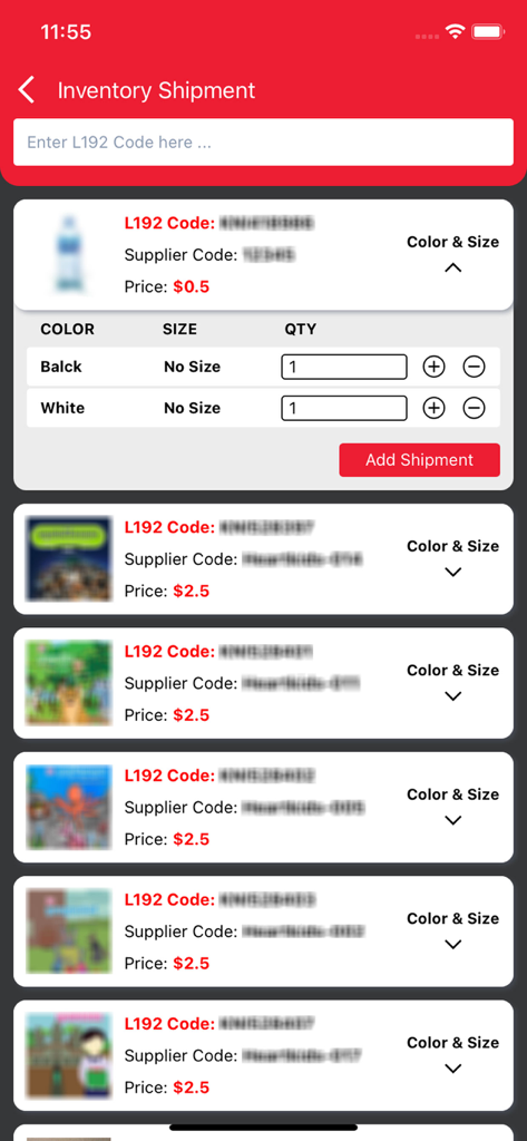 L192 Delivery and Business - Screenshot of the Inventory Shipment screen in the L192 app showing product listings with codes, prices, and options to add quantities for shipping.