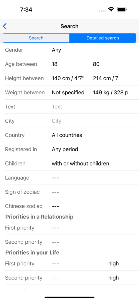 Detailed search screen of Ladyboykisses Dating app showing filters for age height location and relationship priorities