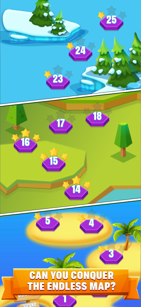 Mini Golf Starsのさまざまなレベル環境を示す垂直ゲームマップ。