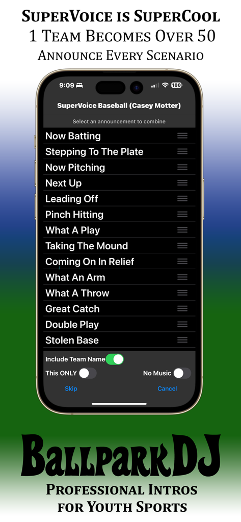 Smartphone screen showing the BallparkDJ SuperVoice feature with a list of professional baseball announcements like Now Batting and Now Pitching
