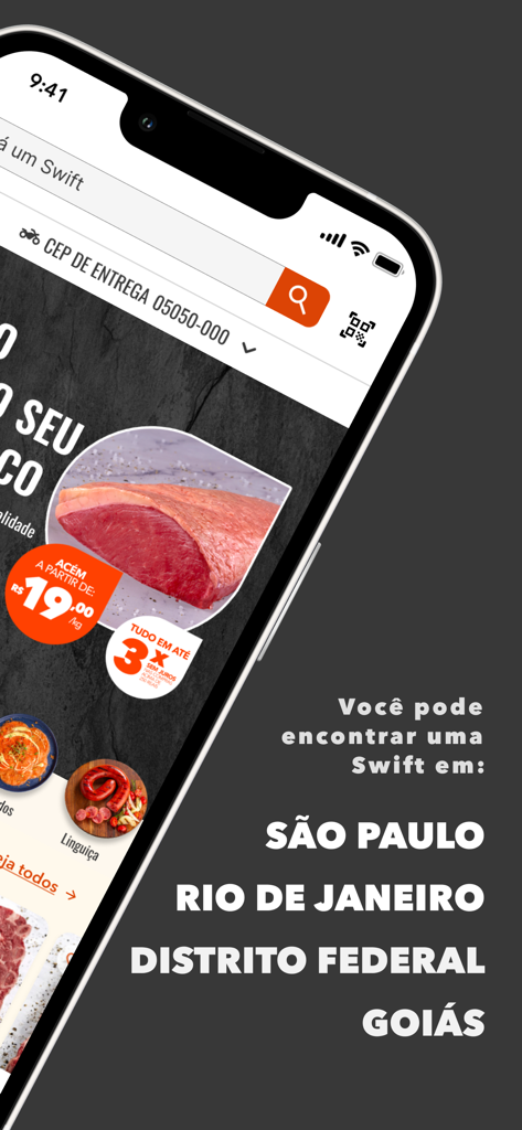 Loja Swift - Écran de l'application mobile Loja Swift présentant des produits carnés, des prix et les régions de livraison disponibles.