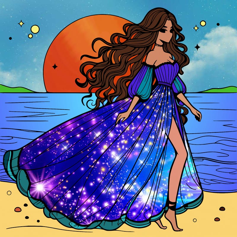 beautiful woman with a vaporous long dress walking on the beach at the noon, detailed art