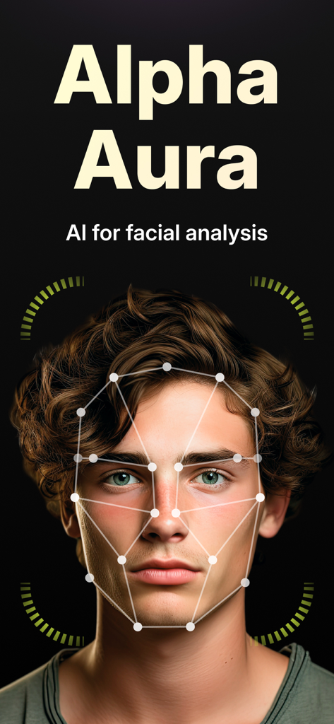 Alpha Aura: Looksmax & Umax AI - Alpha Aura app screen showing AI facial analysis and mapping on a young man