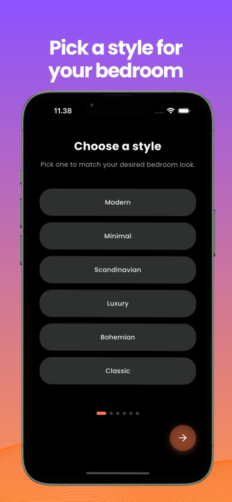 Bedroom Design AI Planner - A mobile interface for Bedroom Design AI Planner showing interior design style options including Modern Minimal Scandinavian Luxury Bohemian and Classic.